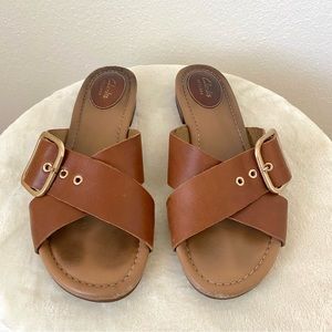 Clarks Artisan Brown Cross Strap Slip On Sandal with Buckle